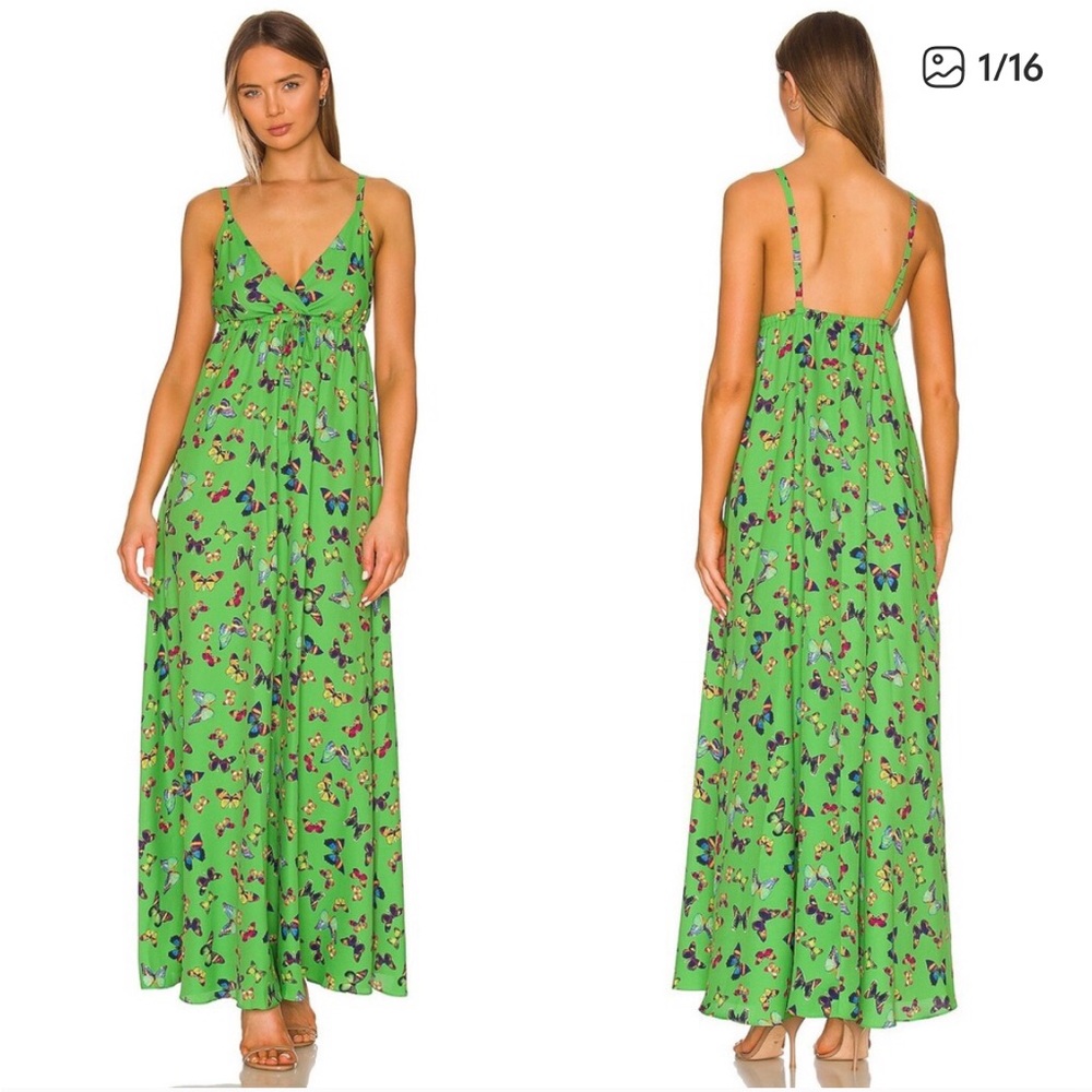 NWT L'AGENCE Green Maxi Dress with Butterfly Print